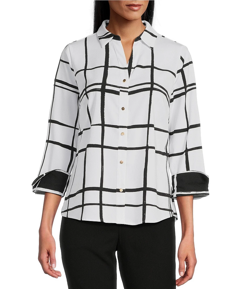 Investments Woven Blocked Plaid 3/4 Sleeve Point Collar Button Front Split Cuff Top