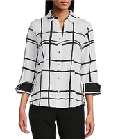 Investments Woven Blocked Plaid 3/4 Sleeve Point Collar Button Front Split Cuff Top
