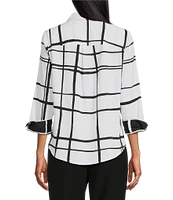 Investments Woven Blocked Plaid 3/4 Sleeve Point Collar Button Front Split Cuff Top