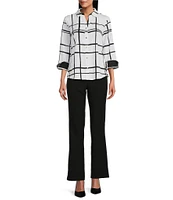 Investments Woven Blocked Plaid 3/4 Sleeve Point Collar Button Front Split Cuff Top