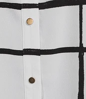 Investments Woven Blocked Plaid 3/4 Sleeve Point Collar Button Front Split Cuff Top