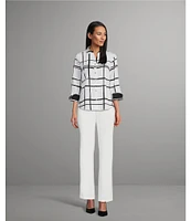 Investments Woven Blocked Plaid 3/4 Sleeve Point Collar Button Front Split Cuff Top