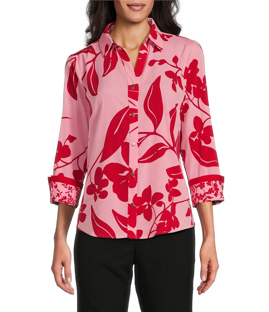 Investments Woven Bold Tropical Palm 3/4 Sleeve Point Collar Button Front Split Cuff Top