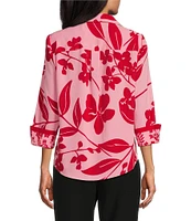 Investments Woven Bold Tropical Palm 3/4 Sleeve Point Collar Button Front Split Cuff Top