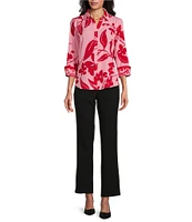 Investments Woven Bold Tropical Palm 3/4 Sleeve Point Collar Button Front Split Cuff Top