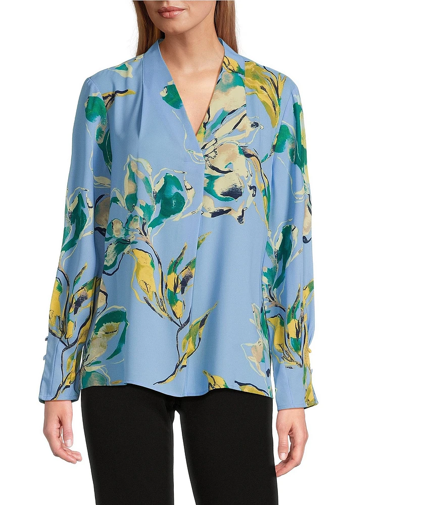 Investments Woven Divine Floral Long Sleeve V-Neck Top