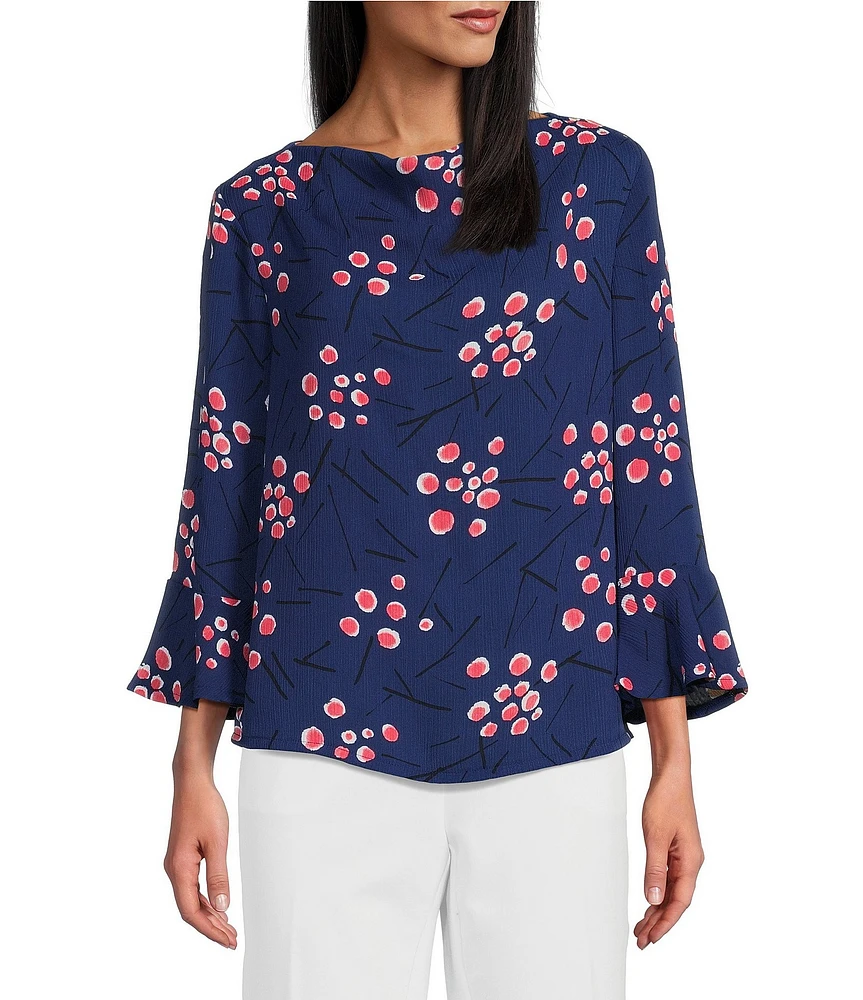 Investments Woven Dots and Dashes 3/4 Ruffle Sleeve Cowl Neck Top
