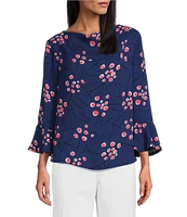 Investments Woven Dots and Dashes 3/4 Ruffle Sleeve Cowl Neck Top