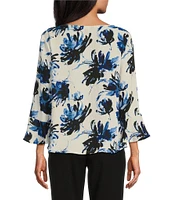 Investments Woven Expressive Blooms 3/4 Ruffle Sleeve Cowl Neck Top