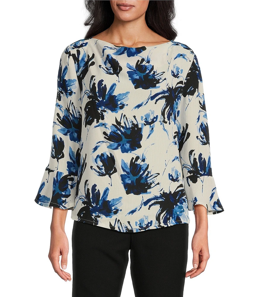 Investments Woven Expressive Blooms 3/4 Ruffle Sleeve Cowl Neck Top