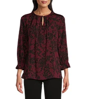 Investments Woven Floral 3/4 Sleeve Keyhole Crew Neck Top