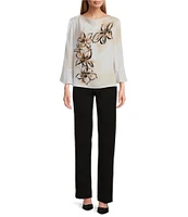 Investments Woven Floral Graffiti 3/4 Ruffle Sleeve Cowl Neck Top