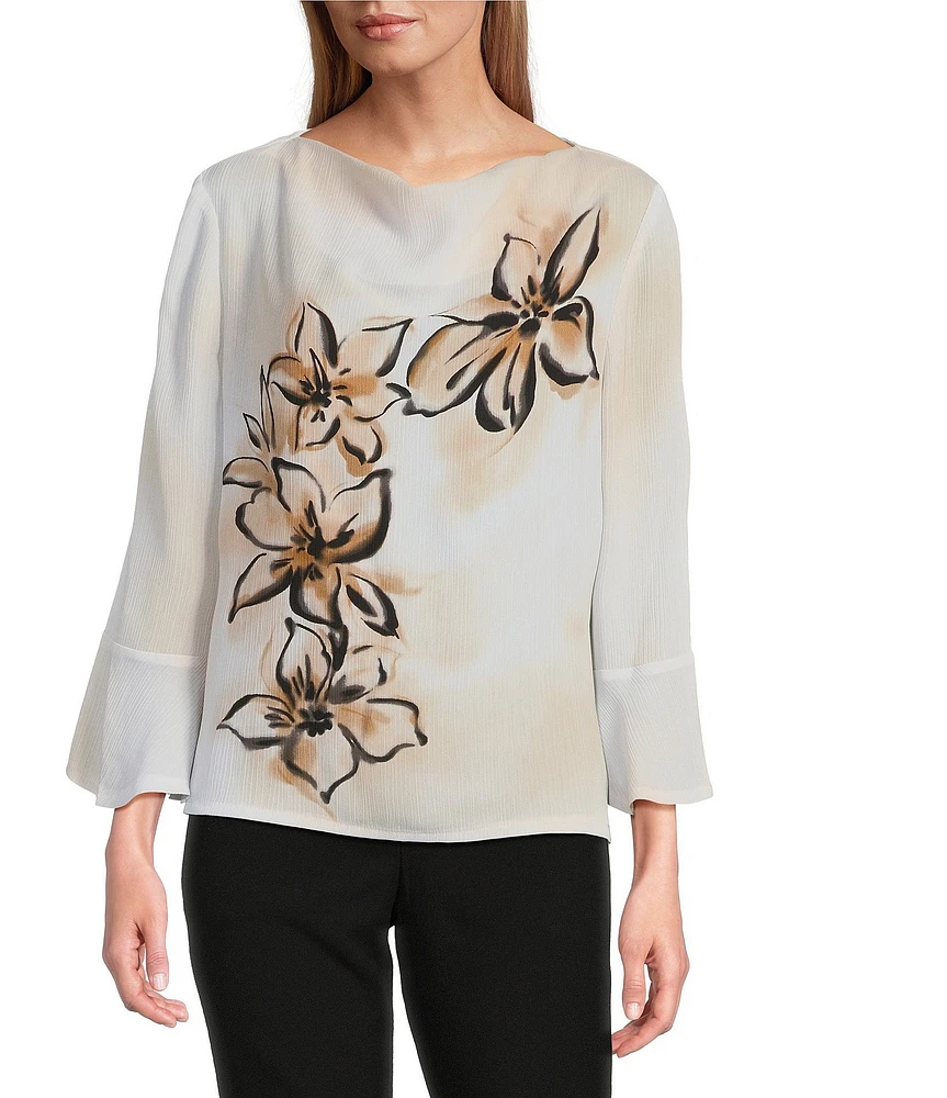 Investments Woven Floral Graffiti 3/4 Ruffle Sleeve Cowl Neck Top