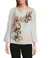 Investments Woven Floral Graffiti 3/4 Ruffle Sleeve Cowl Neck Top