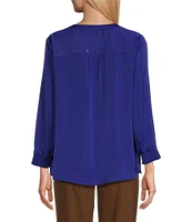 Investments Woven Inverted Pleat V-Neck 3/4 Sleeve Embellished Top