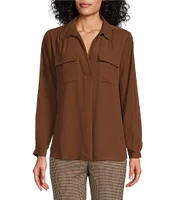 Investments Woven Long Sleeve V-Neck One Button Closure Pocket Detail Blouse