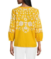 Investments Woven Medallion Floral 3/4 Sleeve Y-Neck Button Front Top