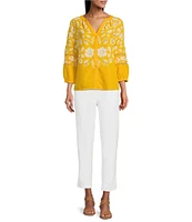 Investments Woven Medallion Floral 3/4 Sleeve Y-Neck Button Front Top