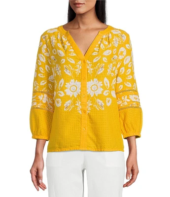 Investments Woven Medallion Floral 3/4 Sleeve Y-Neck Button Front Top