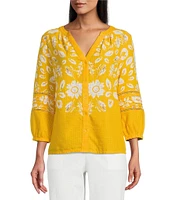 Investments Woven Medallion Floral 3/4 Sleeve Y-Neck Button Front Top