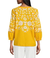Investments Woven Medallion Floral 3/4 Sleeve Y-Neck Button Front Top