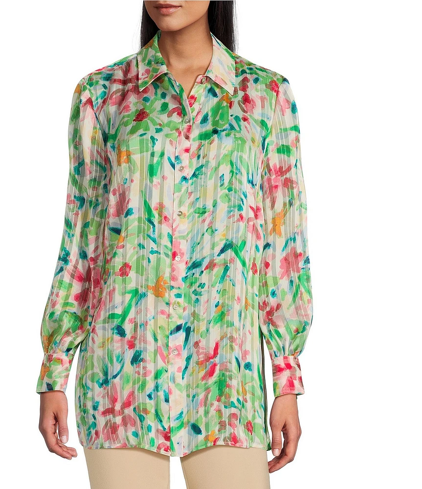 Investments Woven Multi Airbrush Floral Long Sleeve Point Collar Button Front Top