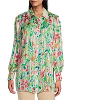 Investments Woven Multi Airbrush Floral Long Sleeve Point Collar Button Front Top