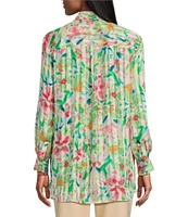 Investments Woven Multi Airbrush Floral Long Sleeve Point Collar Button Front Top