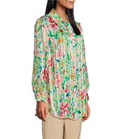 Investments Woven Multi Airbrush Floral Long Sleeve Point Collar Button Front Top