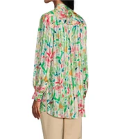 Investments Woven Multi Airbrush Floral Long Sleeve Point Collar Button Front Top