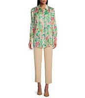 Investments Woven Multi Airbrush Floral Long Sleeve Point Collar Button Front Top
