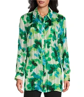 Investments Woven Multi Layered Petals Long Sleeve Point Collar Button Front Top