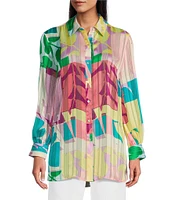 Investments Woven Multi Patch Floral Long Sleeve Point Collar Button Front Top