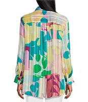 Investments Woven Multi Patch Floral Long Sleeve Point Collar Button Front Top