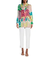 Investments Woven Multi Patch Floral Long Sleeve Point Collar Button Front Top
