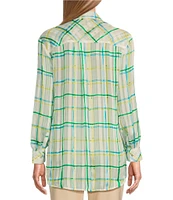 Investments Woven Multi Windowpane Plaid Long Sleeve Point Collar Button Front Top