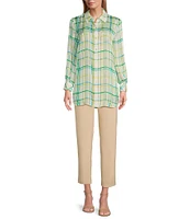 Investments Woven Multi Windowpane Plaid Long Sleeve Point Collar Button Front Top