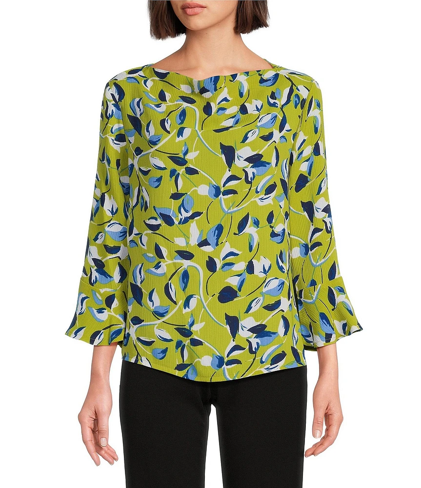 Investments Woven Painted Leaves 3/4 Ruffle Sleeve Cowl Neck Top