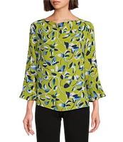 Investments Woven Painted Leaves 3/4 Ruffle Sleeve Cowl Neck Top