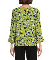 Investments Woven Painted Leaves 3/4 Ruffle Sleeve Cowl Neck Top