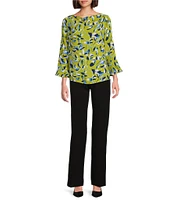Investments Woven Painted Leaves 3/4 Ruffle Sleeve Cowl Neck Top