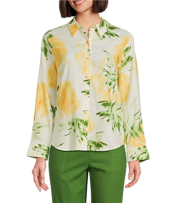 Investments Woven Pineapple Print Long Sleeve Point Collar Button Front Top