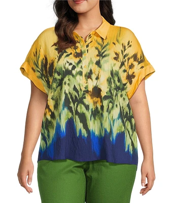 Investments Woven Plus Size Tropical Floral Short Sleeve Point Collar Partial Button Front Top