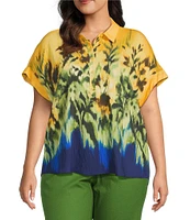 Investments Woven Plus Size Tropical Floral Short Sleeve Point Collar Partial Button Front Top