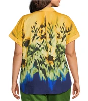 Investments Woven Plus Size Tropical Floral Short Sleeve Point Collar Partial Button Front Top