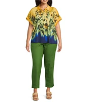 Investments Woven Plus Size Tropical Floral Short Sleeve Point Collar Partial Button Front Top