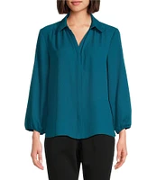 Investments Woven Point Collar 3/4 Sleeve Button Front Top