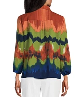 Investments Woven Point Collar 3/4 Sleeve Abstract Print Button Front Top