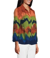 Investments Woven Point Collar 3/4 Sleeve Abstract Print Button Front Top