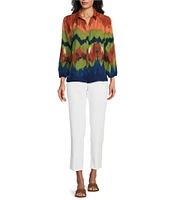 Investments Woven Point Collar 3/4 Sleeve Abstract Print Button Front Top